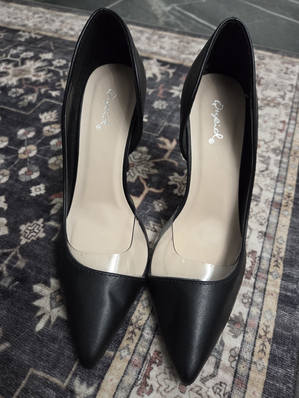 Pointed Toe Black Pumps with Clear Accent